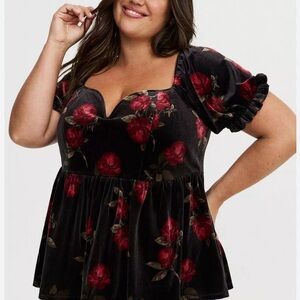 Torrid Black Velour Blouse with Red Floral Design